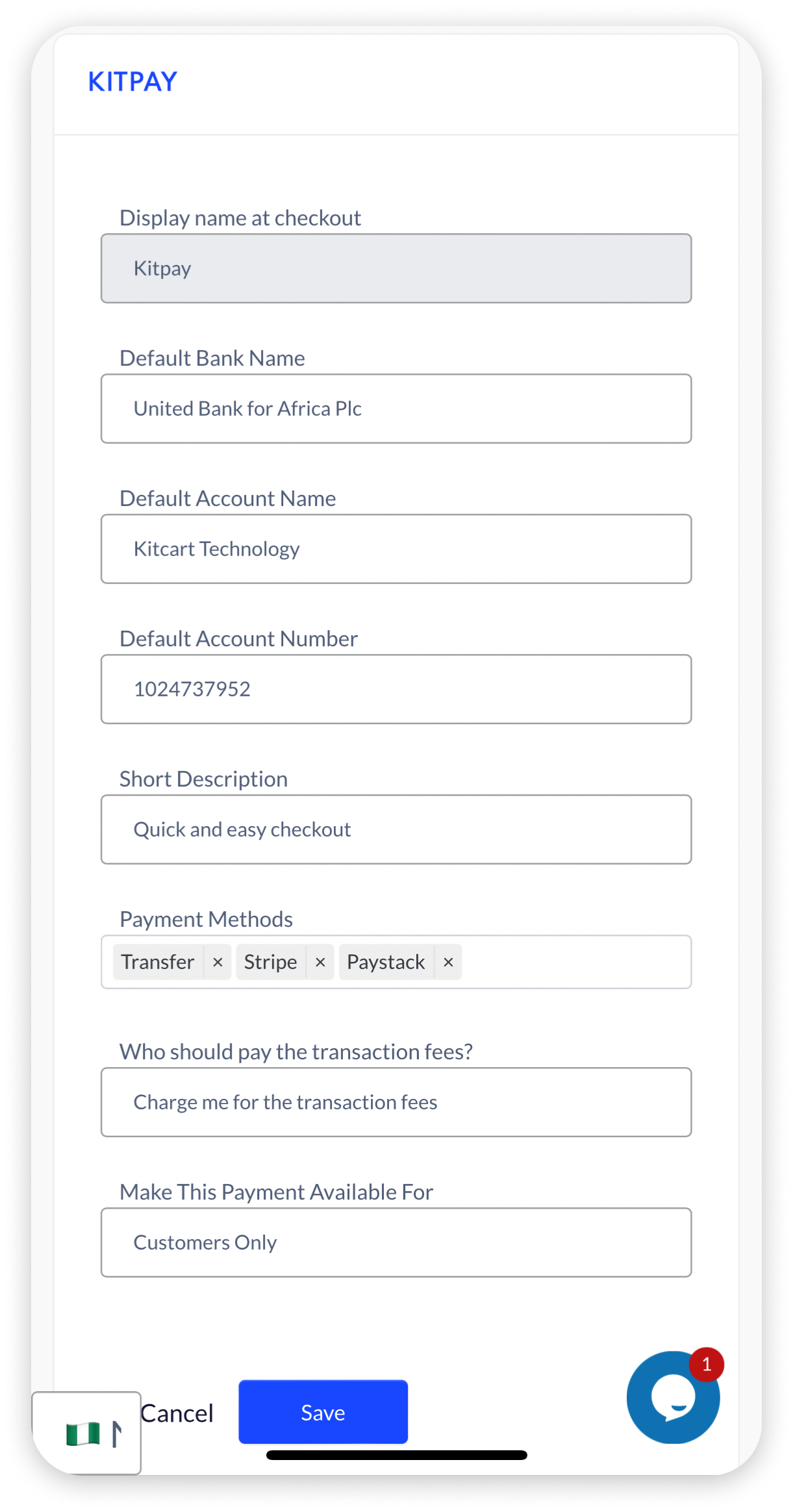 Kitpay One Page Activation Settings